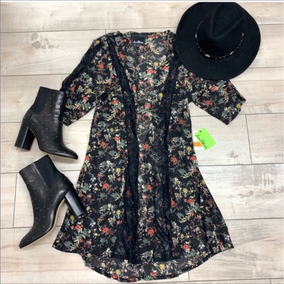 Sam Edelman Black Floral Lace Kimono Robe Sz S - Picture 2 of 7